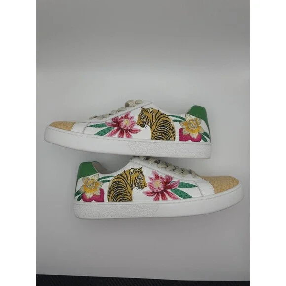 JOHNNY WAS Maisie White Leather Tropical Tiger Embroidered Sneakers ~ Womens 7.5 - Picture 10 of 13